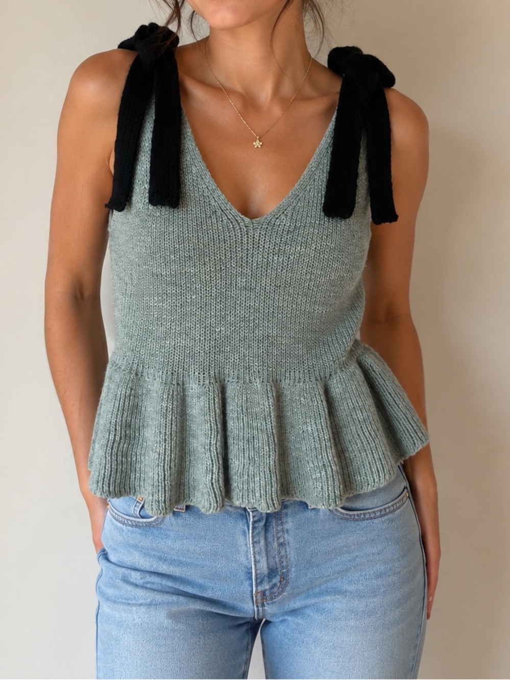 SHEIN Grey Knit Peplum Tank with Black Tie-Straps